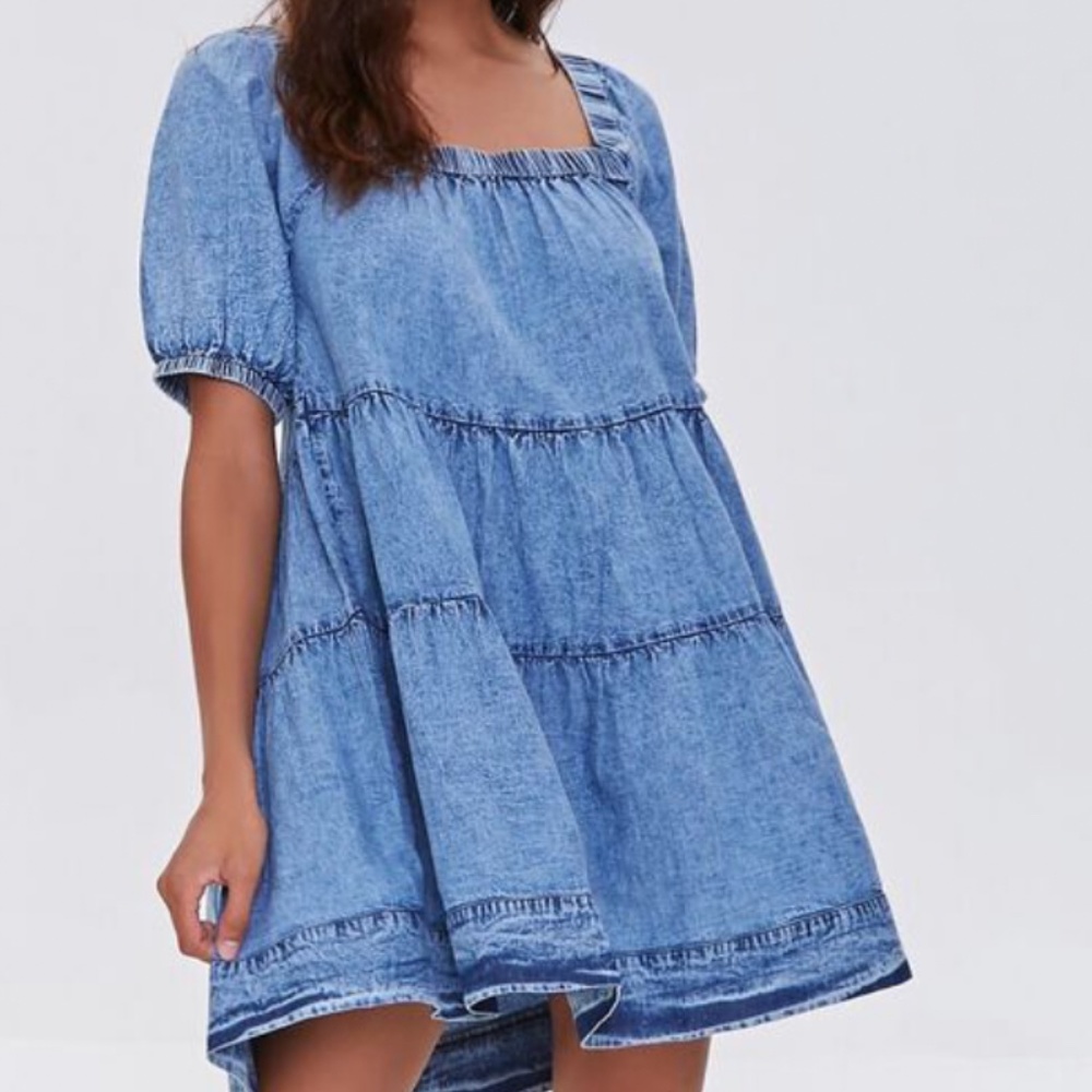 Forever 21 Washed Denim Tiered Chambray Puff-Sleeve Mini Dress